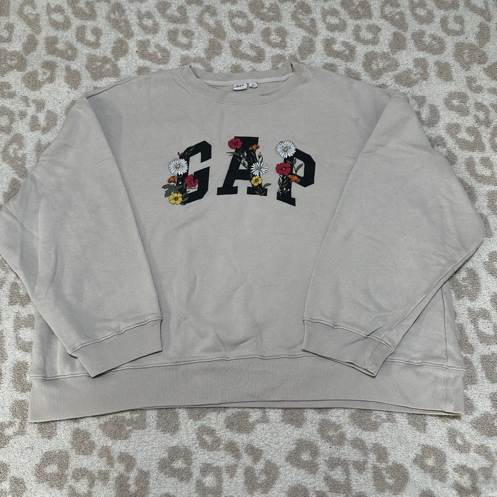 Gap Sweatshirt Floral Logo Crewneck Tan XL